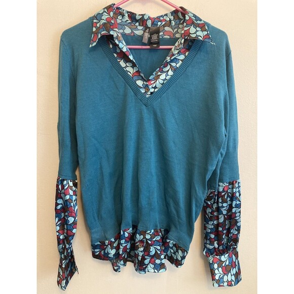 Bisou Bisou Women’s Fall Sweater Multicolor V-Neck Collared Layered Size Large - Picture 1 of 16